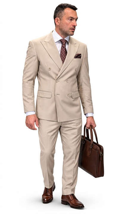 Men’s Double-Breasted Regular Fit 3 Piece Suit with Pleated Pants - Tan