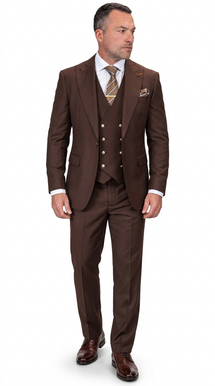 3-Piece Peak Lapel Suit with Gold Button Vest - Brown