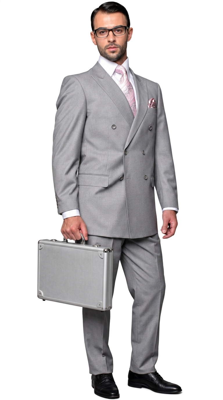 Men’s Double-Breasted Regular Fit 3 Piece Suit with Pleated Pants - Grey