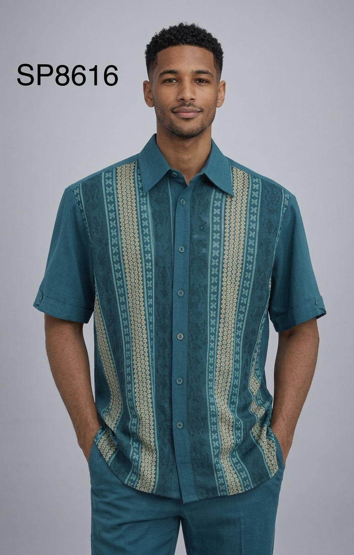Men’s Teal Vertical Pattern Walking Suit Set – 2 Piece Short Sleeve Casual Outfit