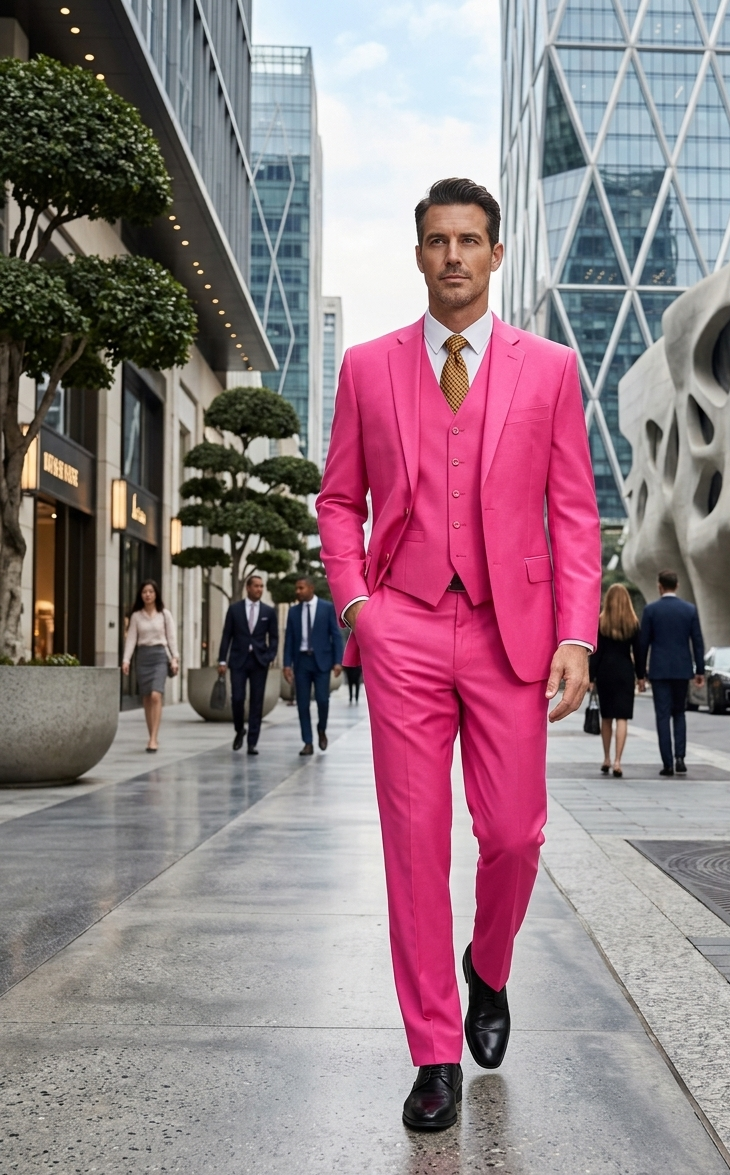 Men's 2 Button 3 Piece Vested Modern Fit Suits Flat Front Pants Suit In Fuschia