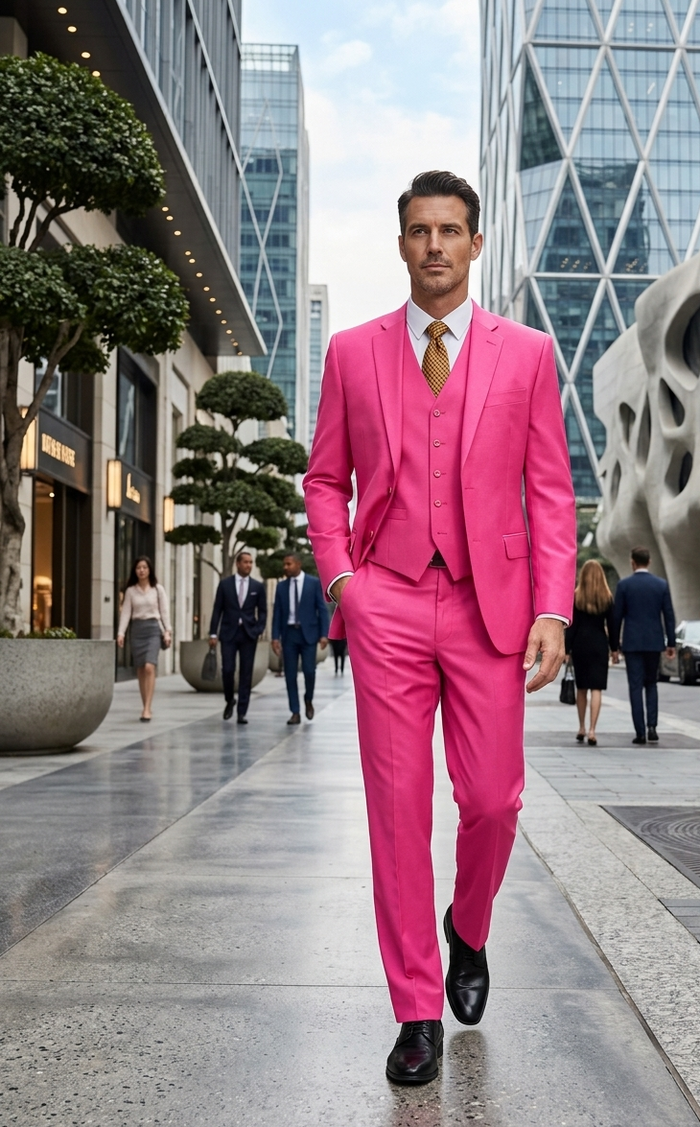 Men's 2 Button 3 Piece Vested Modern Fit Suits Flat Front Pants Suit In Fuschia