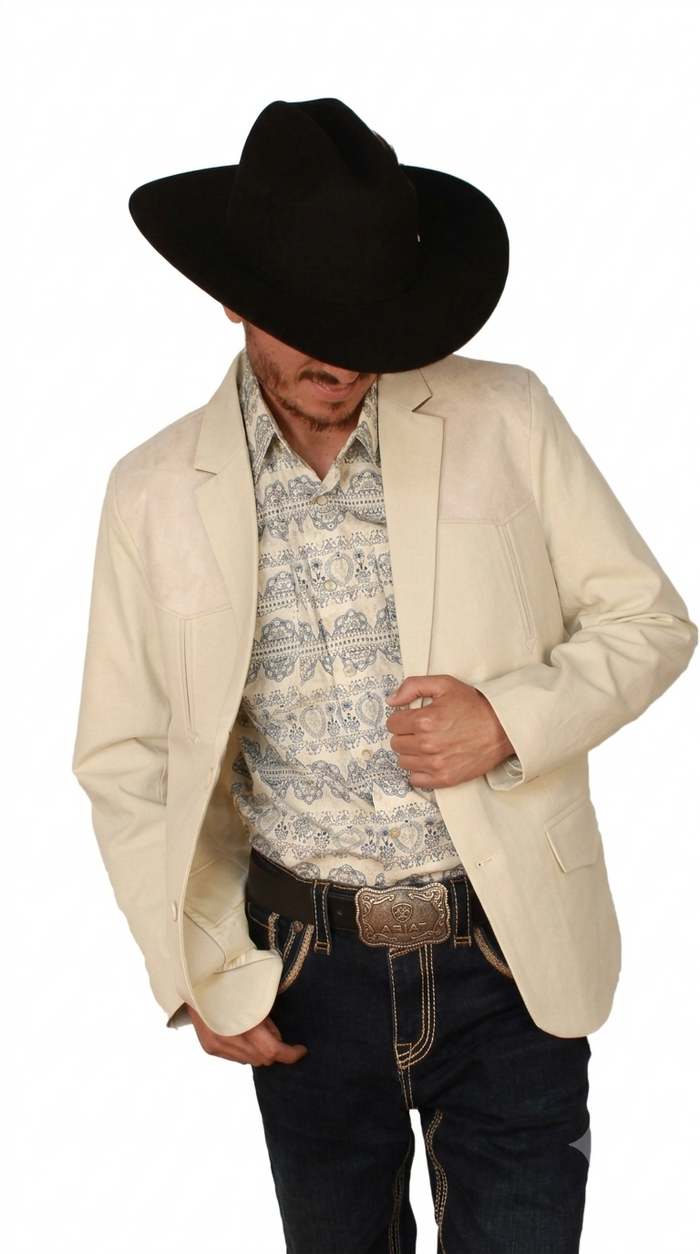 Mens SUEDE Cowboy Blazer Ultra Slim Fit Mens Western Suede Blazer with Embroidery in Color "Beige"