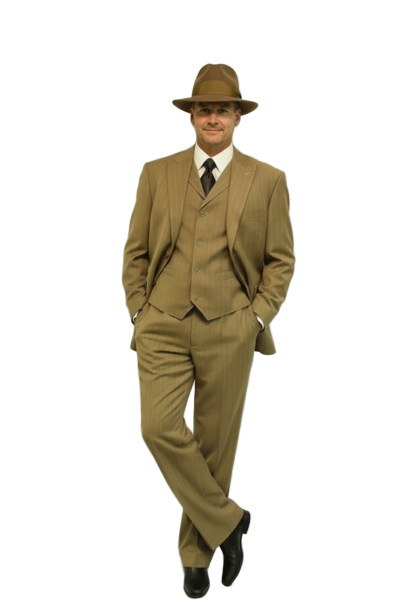 Men's 3 Piece Bold ~ Chalk ~ Gangster Pinstripe ~ Stripe Tan/White Zoot Cheap Priced Business Suits Clearance Sale
