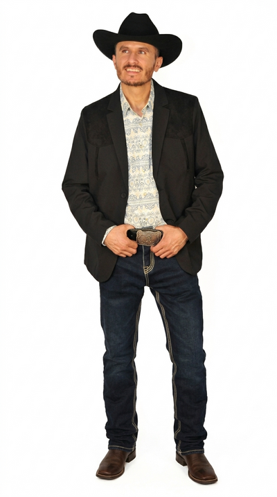 Mens SUEDE Cowboy Blazer Ultra Slim Fit Black Suede Cowboy Jacket with Western Embroidery in Color "Black"