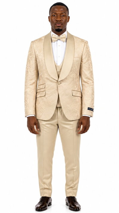 Men's Skinny Fit Jacquard 3 Piece Tuxedo with Double Breasted Vest - Champagne