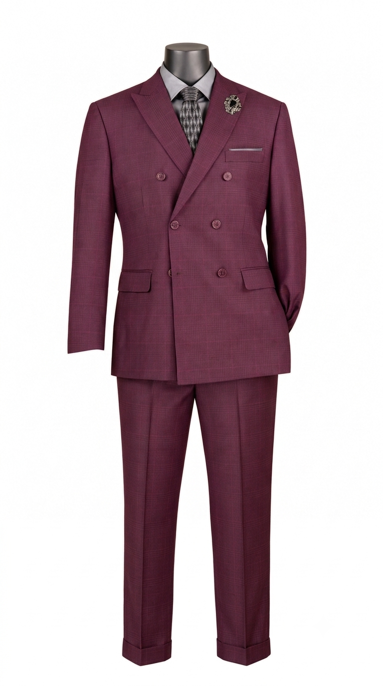 2-Piece Double Breasted Glen Plaid Regular Fit Suit - Burgundy