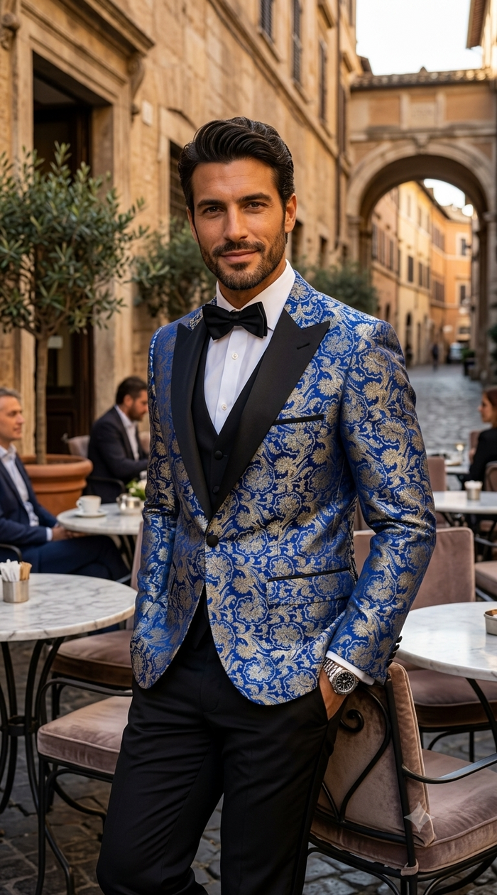 Single Breasted Peak Label Blue Tuxedo Suit