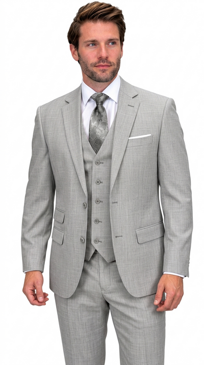 Men’s 3 Piece Sharkskin Suit with Vest - Modern Fit Gray