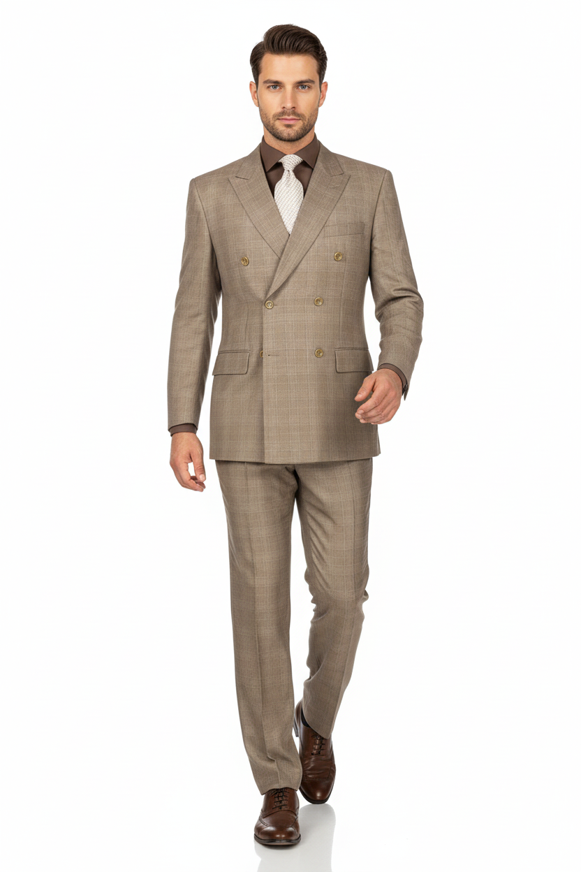 Tan Wool-Feel Double Breasted Plaid Suit