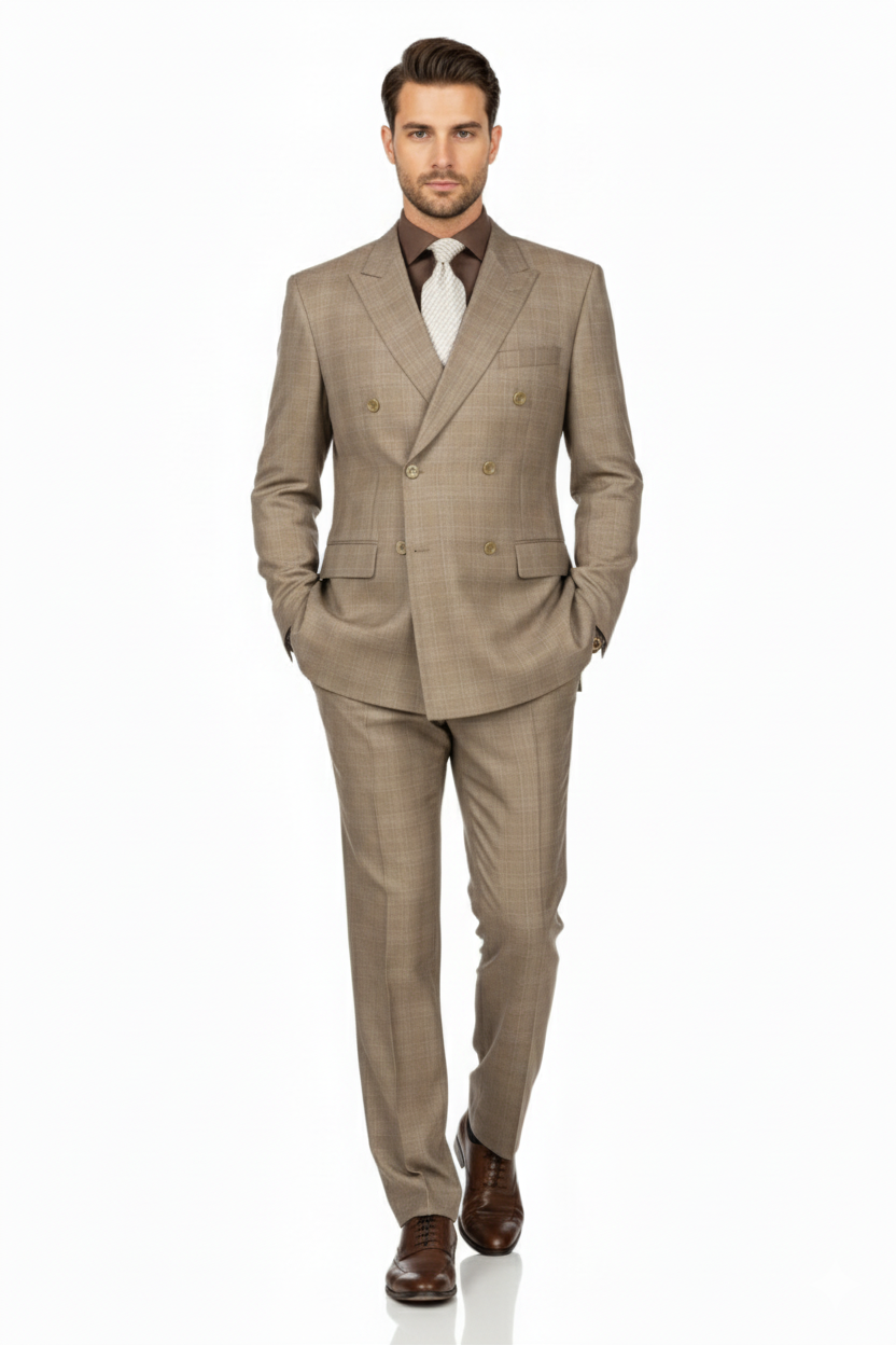 Tan Wool-Feel Double Breasted Plaid Suit