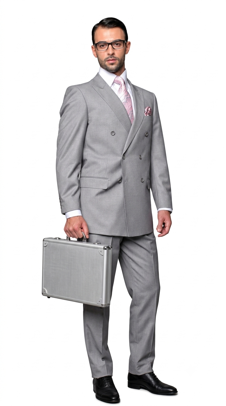Men’s Double-Breasted Regular Fit 3 Piece Suit with Pleated Pants - Grey
