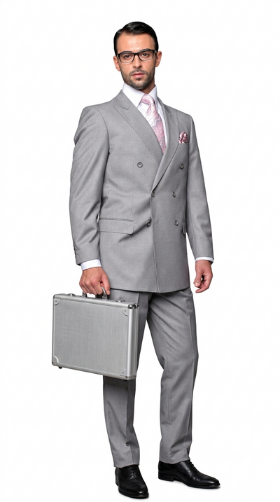 Men’s Double-Breasted Regular Fit 3 Piece Suit with Pleated Pants - Grey