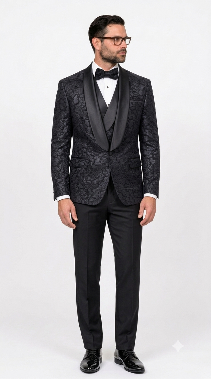 3-Piece Black Lace Tuxedo with Satin Shawl Lapel & Satin Trim