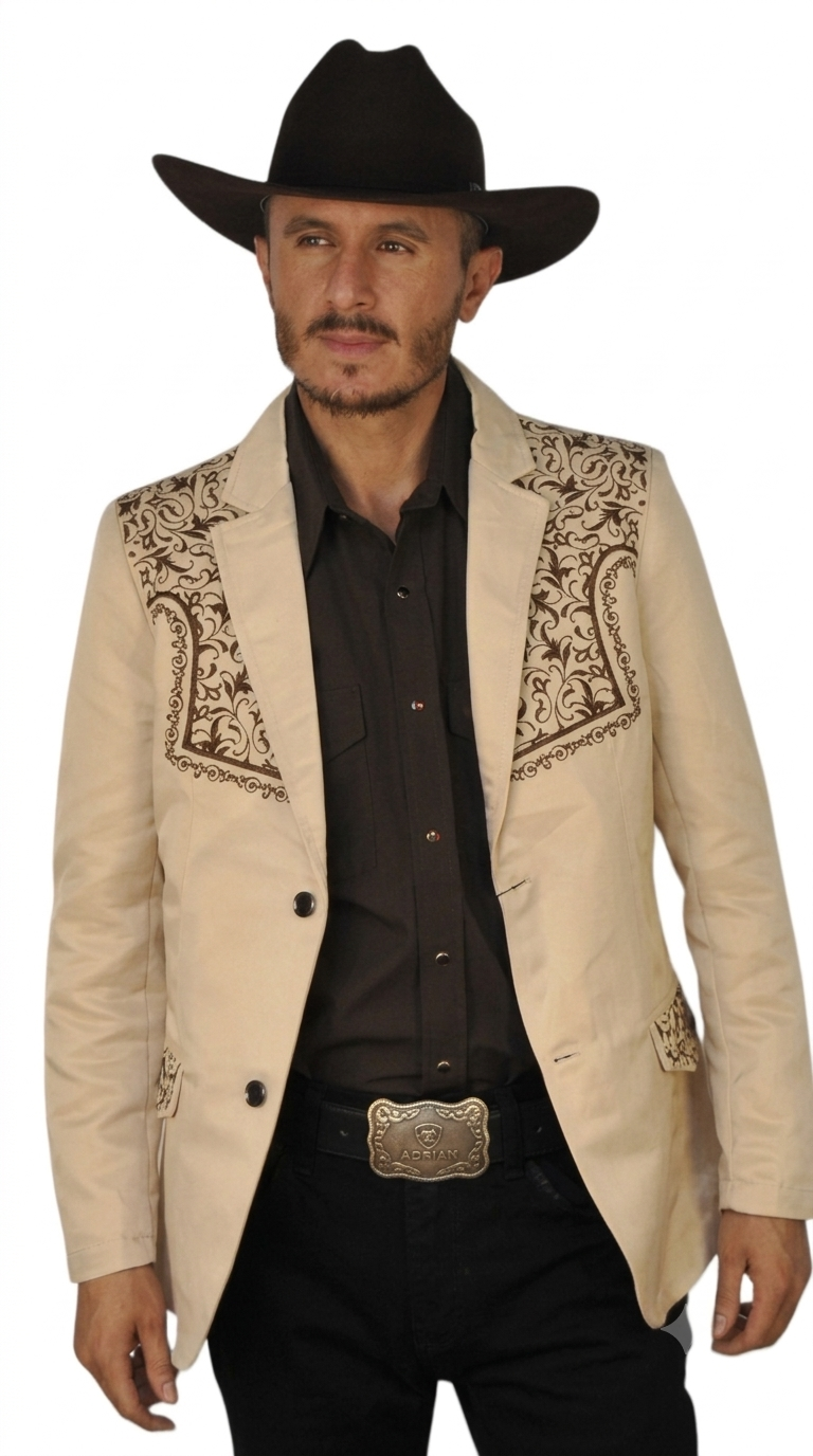 Mens Cowboy Blazer - Western Jacket in Color "Beige" Ultra Slim Fitted (Buy 1 Size UP)