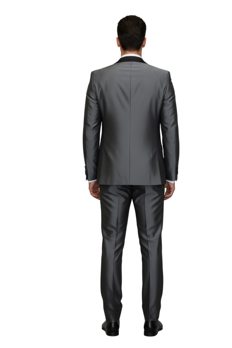 Men's Gray Black Shawl Tuxedo Slim Fitted 3 Piece Two Toned Shiny Sharkskin Suit