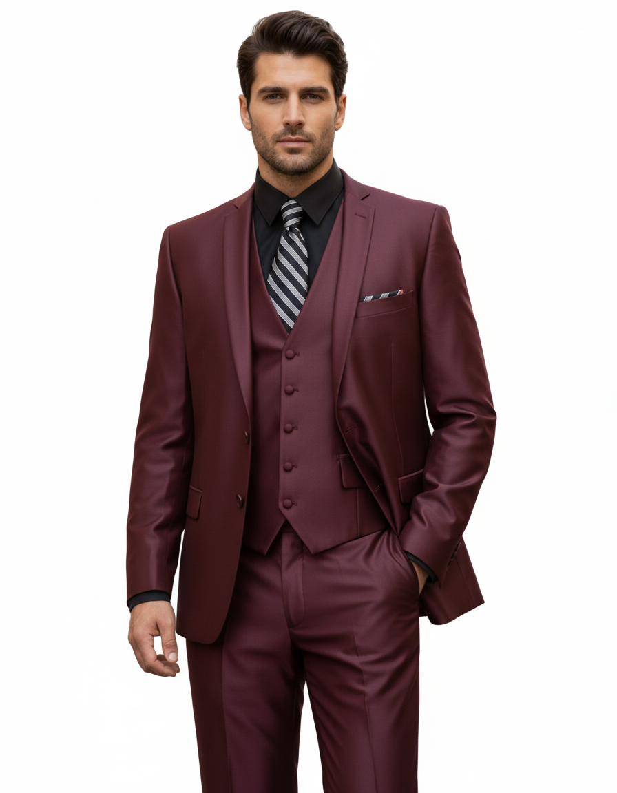 Men's Sharkskin Burgundy ~ Wine ~ Maroon Suit vested Cheap Priced Business Suits Clearance
