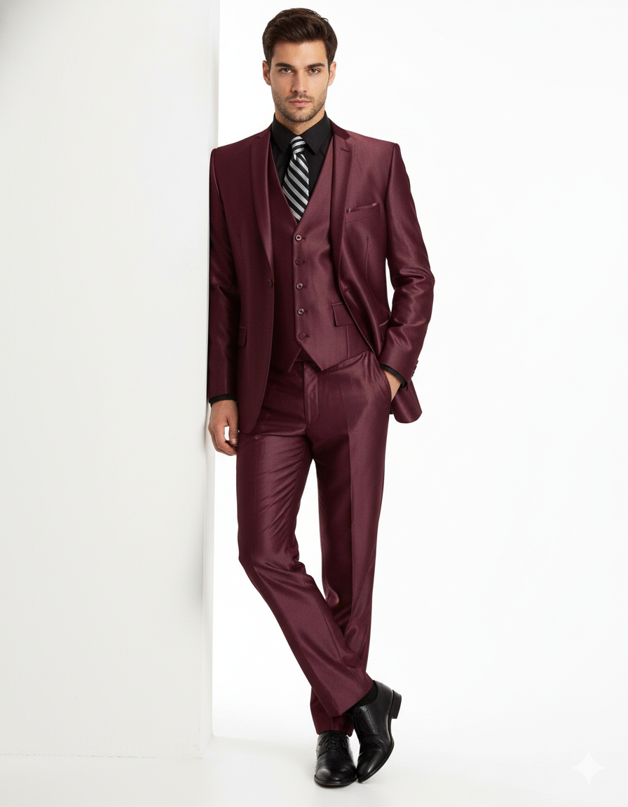 Men's Sharkskin Burgundy ~ Wine ~ Maroon Suit vested Cheap Priced Business Suits Clearance