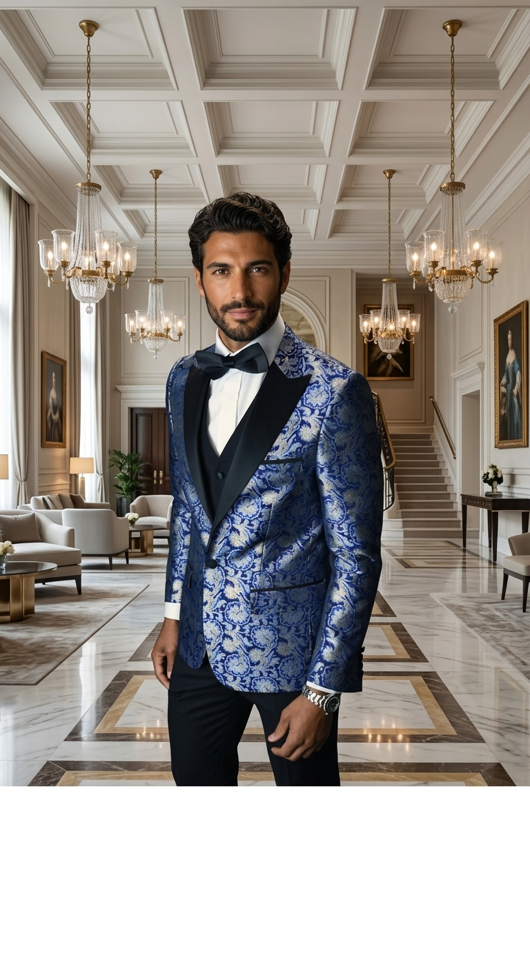 Single Breasted Peak Label Blue Tuxedo Suit
