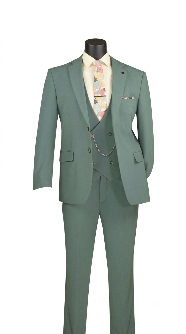 Men’s 3-Piece Modern Fit Super Stretch Suit with Pocket Square and Lapel Pin - Sage