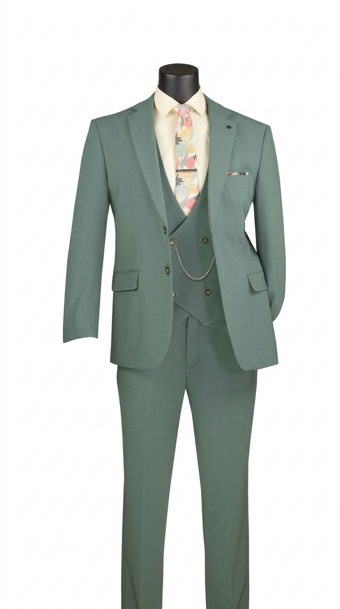 Men’s 3-Piece Modern Fit Super Stretch Suit with Pocket Square and Lapel Pin - Sage