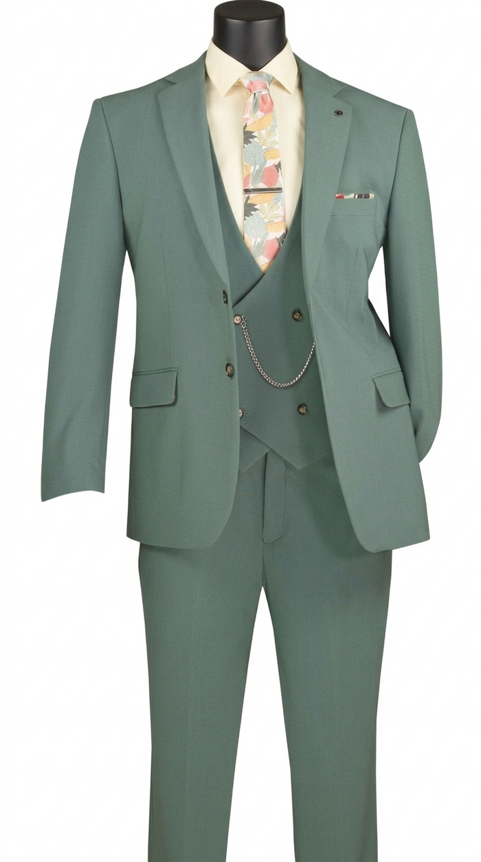 Men’s 3-Piece Modern Fit Super Stretch Suit with Pocket Square and Lapel Pin - Sage