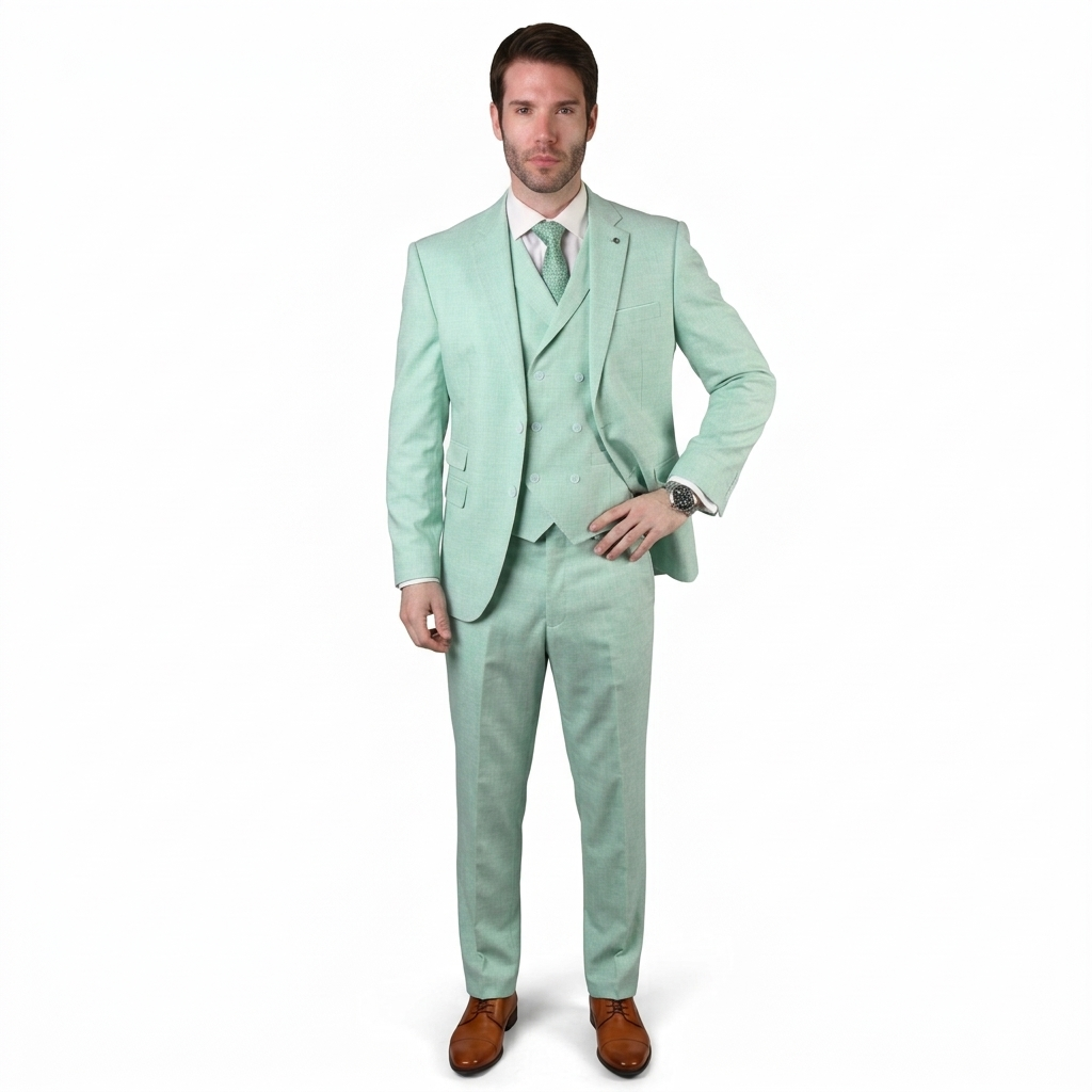 Mens Ticket Pocket Peak Lapel Double breasted Vest 100% Wool Tom Ford Style Modern Fit in Color "Mint" By Statement