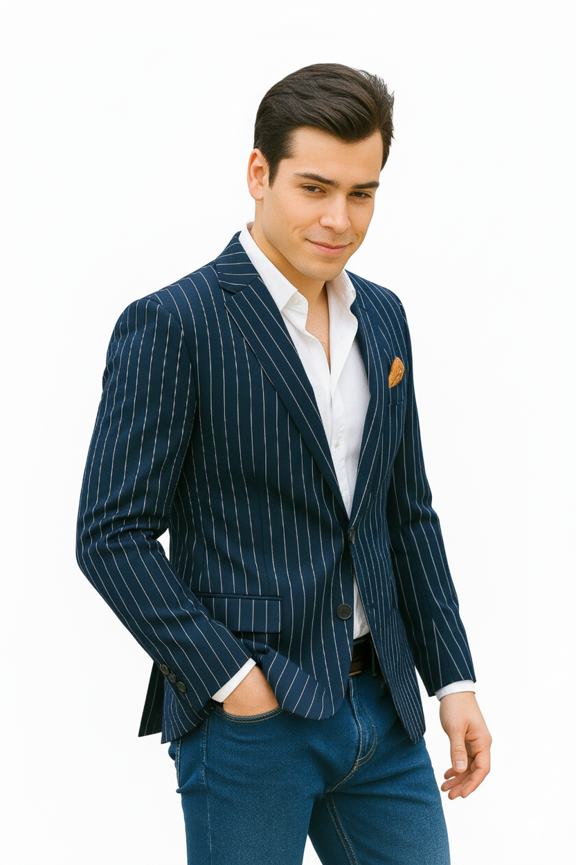 Men's Navy and Bold White Pinstripe Designer Fashion Blazer