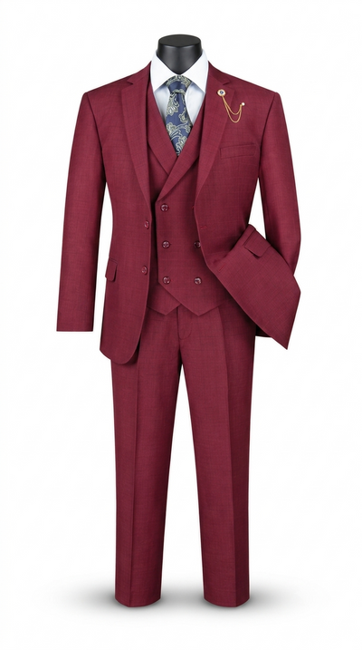 3-Piece Regular Fit Glen Plaid Suit with Notch Vest - Burgundy