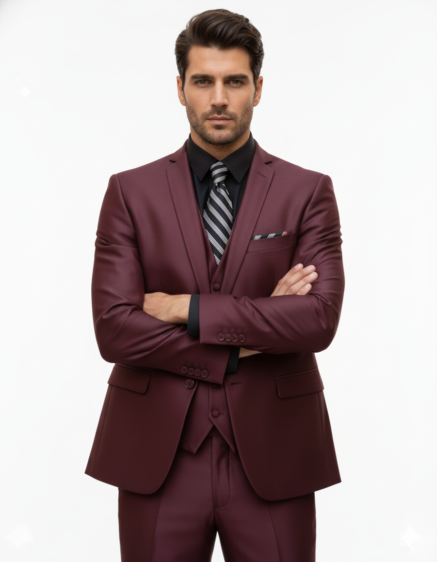 Men's Sharkskin Burgundy ~ Wine ~ Maroon Suit vested Cheap Priced Business Suits Clearance