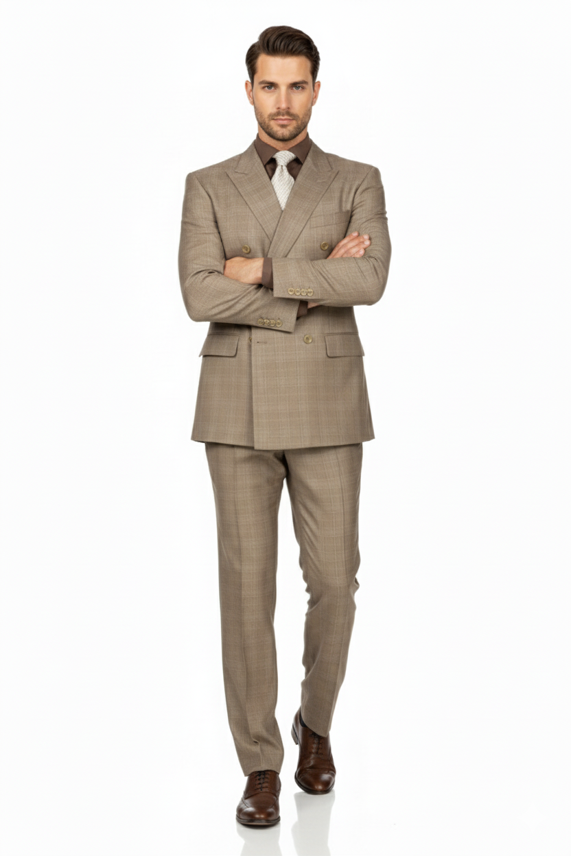 Tan Wool-Feel Double Breasted Plaid Suit