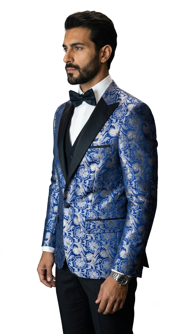 Single Breasted Peak Label Blue Tuxedo Suit