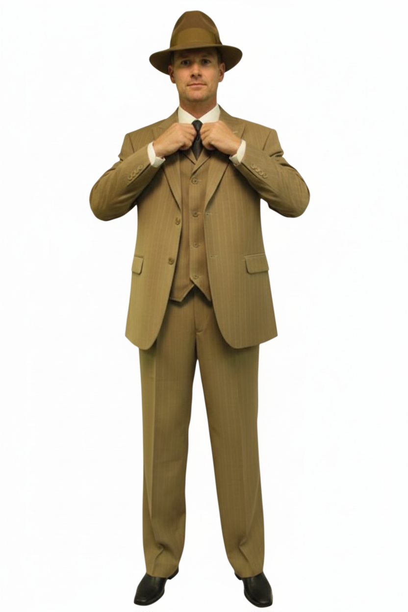 Men's 3 Piece Bold ~ Chalk ~ Gangster Pinstripe ~ Stripe Tan/White Zoot Cheap Priced Business Suits Clearance Sale