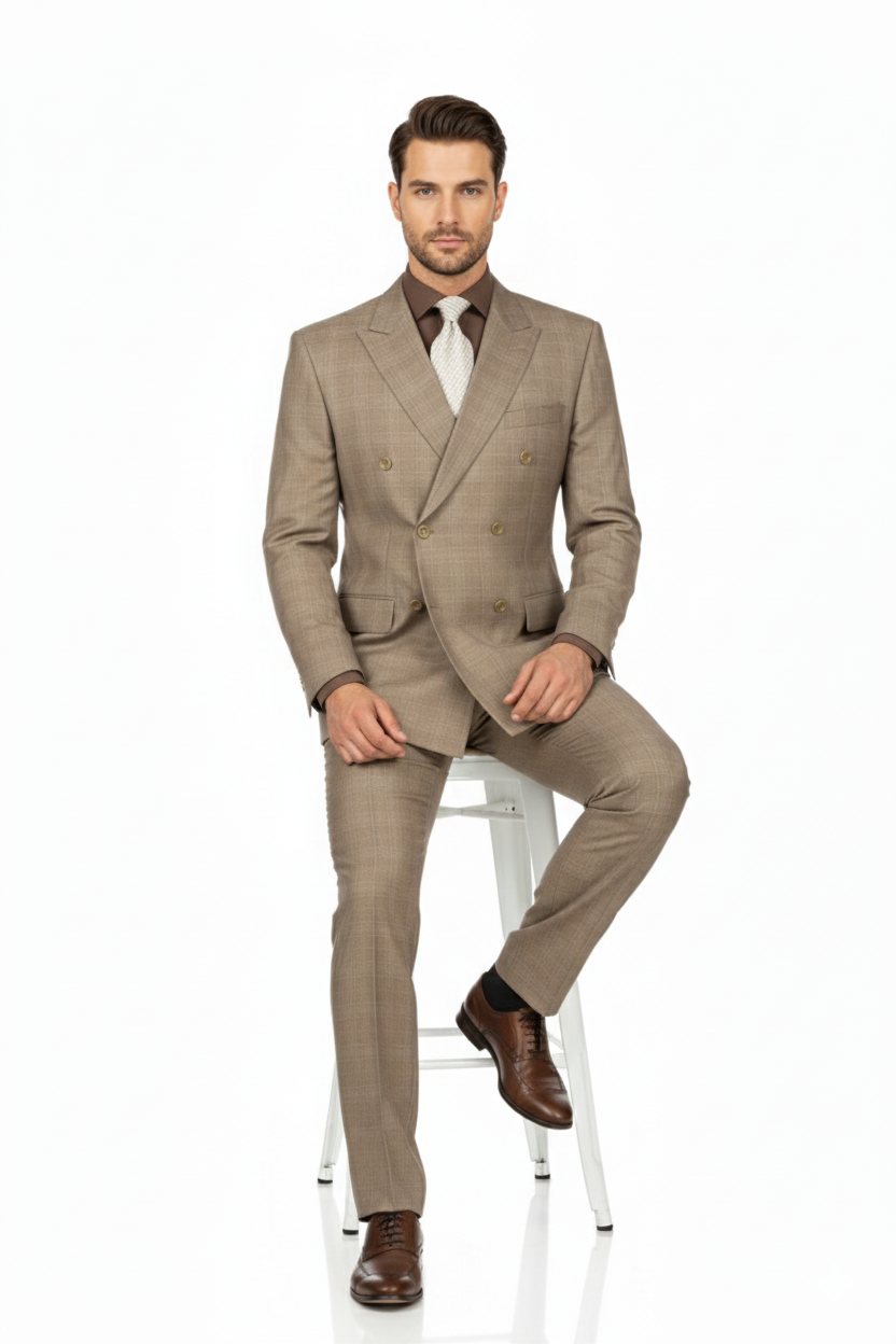 Tan Wool-Feel Double Breasted Plaid Suit