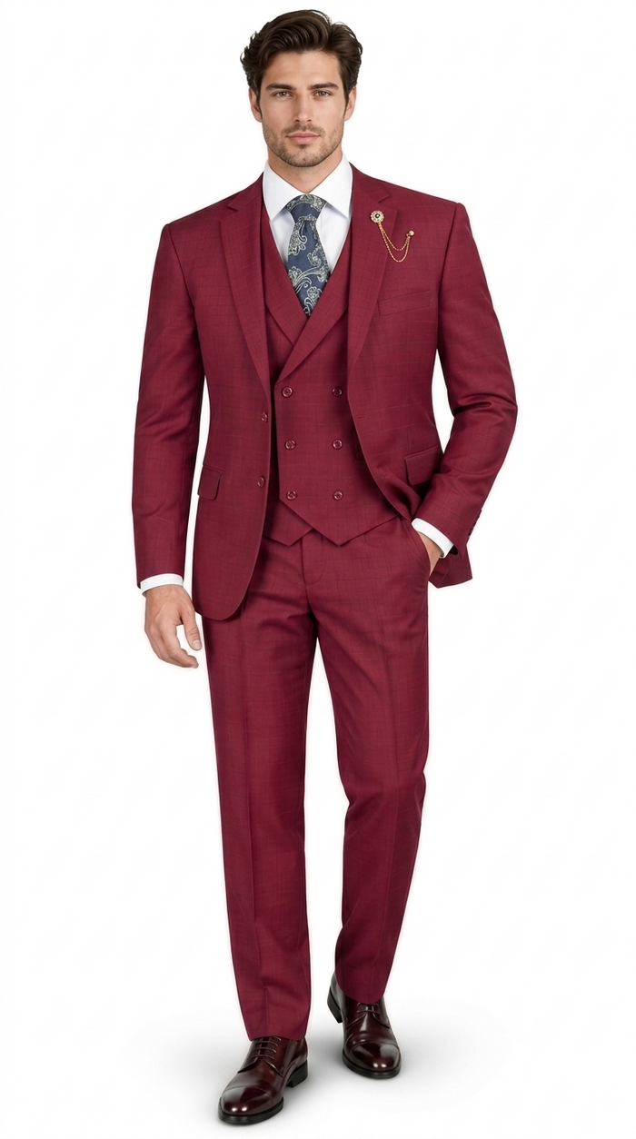 3-Piece Regular Fit Glen Plaid Suit with Notch Vest - Burgundy