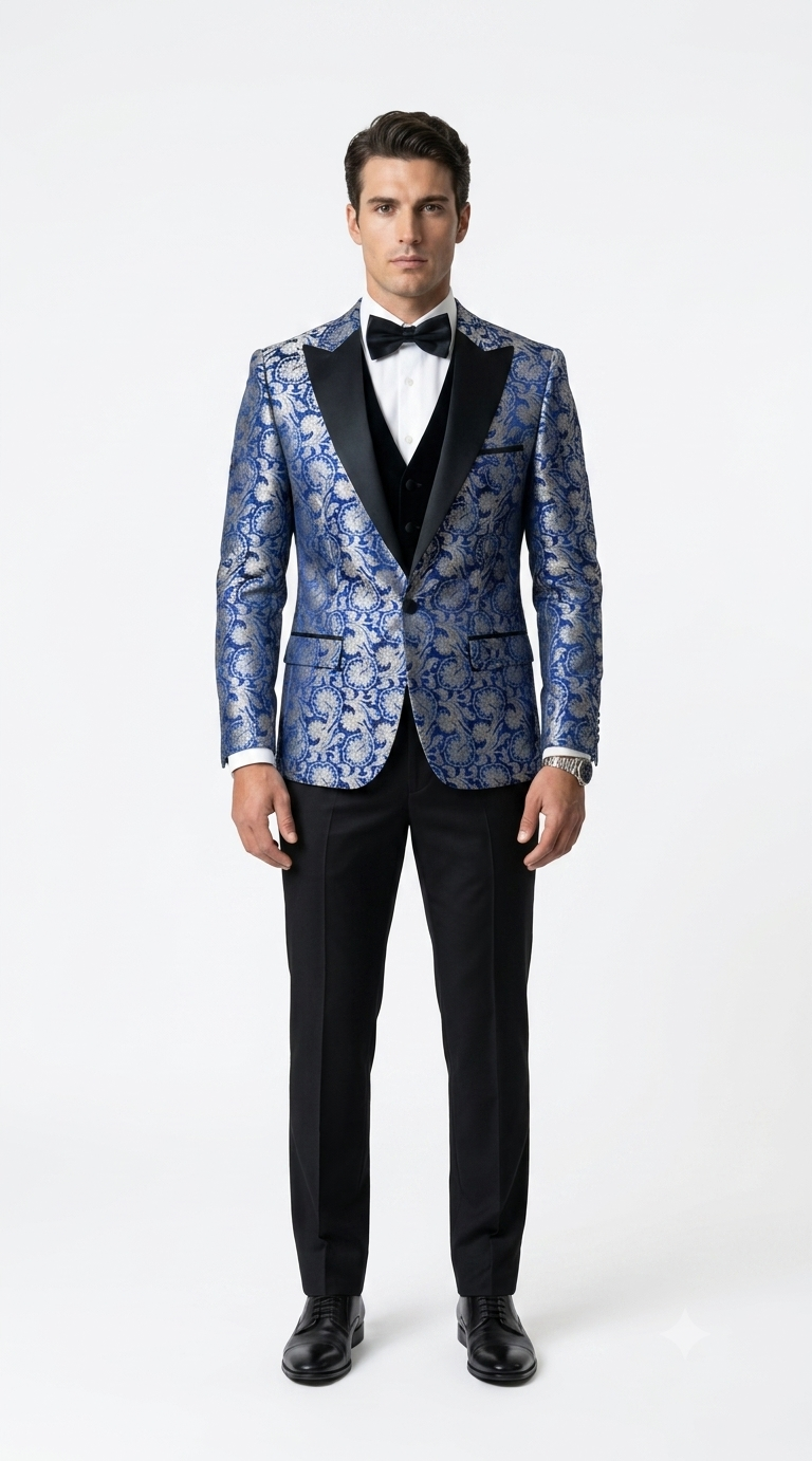 Single Breasted Peak Label Blue Tuxedo Suit