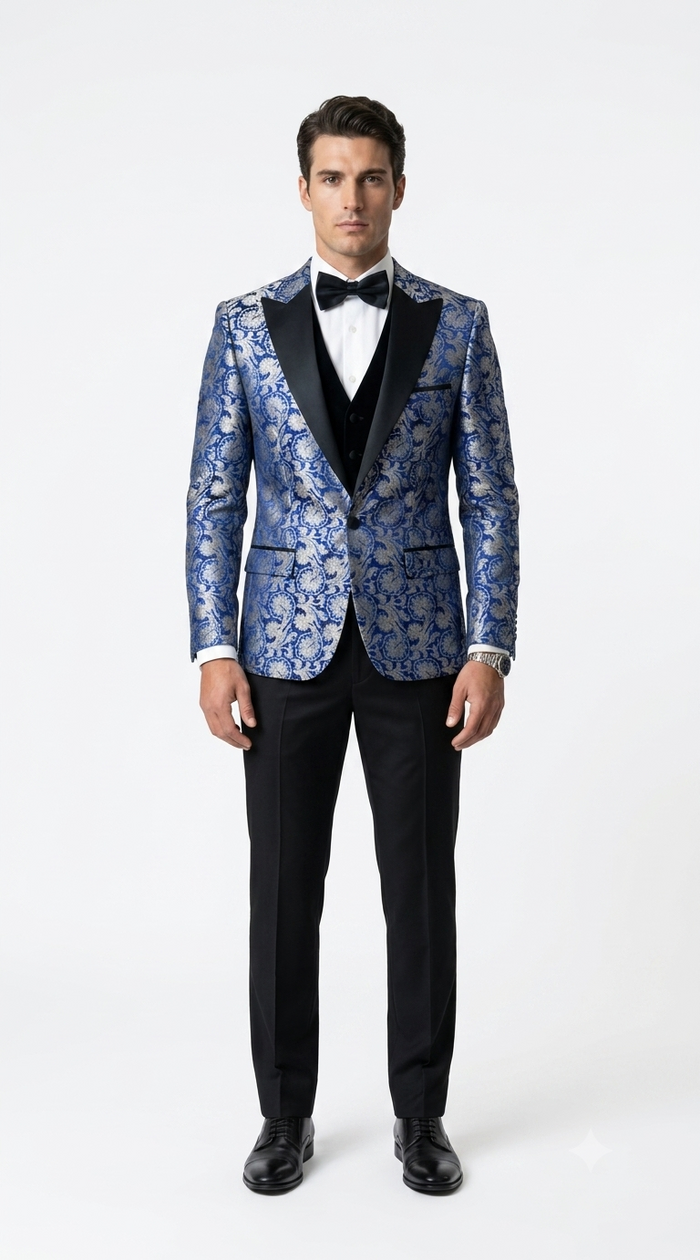 Single Breasted Peak Label Blue Tuxedo Suit