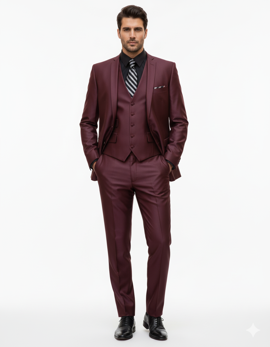 Men's Sharkskin Burgundy ~ Wine ~ Maroon Suit vested Cheap Priced Business Suits Clearance