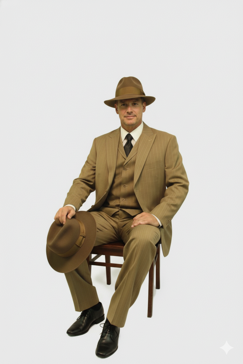 Men's 3 Piece Bold ~ Chalk ~ Gangster Pinstripe ~ Stripe Tan/White Zoot Cheap Priced Business Suits Clearance Sale