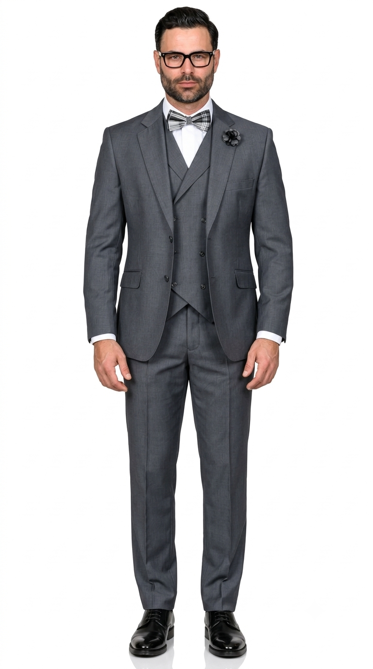Men’s 3 Piece Classic Fit Suit with Double-Breasted Vest and Pleated Pants - Charcoal