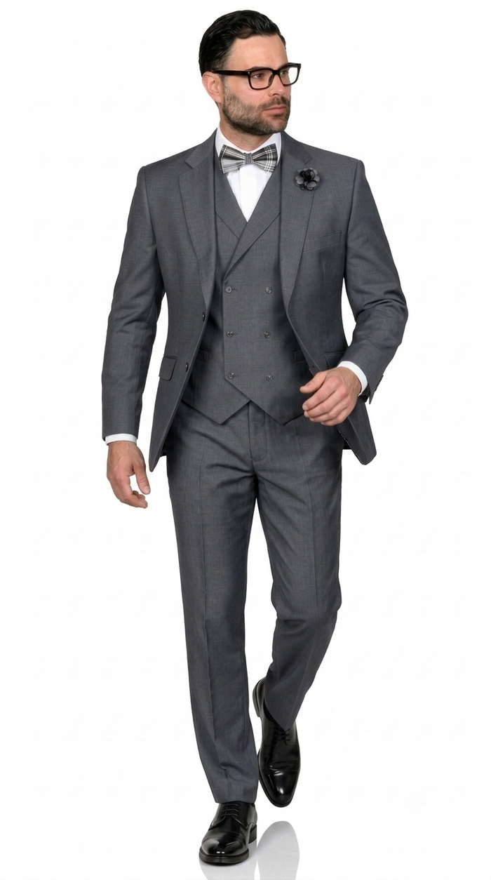 Men’s 3 Piece Classic Fit Suit with Double-Breasted Vest and Pleated Pants - Charcoal