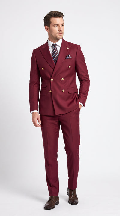 Men’s Burgundy Double Breasted Wool Suit with Gold Buttons, Modern Formal Wedding Business Suit