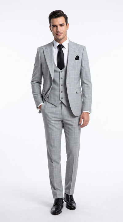 Rossi Man TOM RM1851 Men’s Light Grey Windowpane 3 Piece Suit, Formal Wedding Prom Dress Suit