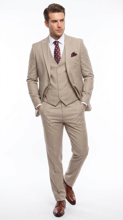 Men's Zegarie Designer Tan 3-Piece Wool Suit – Modern Fit Two-Button Vested Wedding & Business Suit