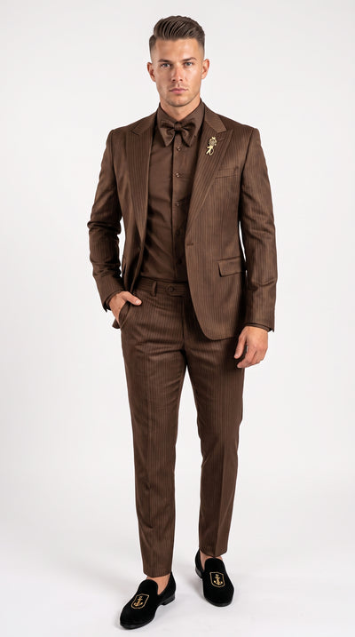Rossiman Men’s Brown Metallic Pinstripe 4 Piece Suit, Satin Charmeuse Shirt and Tie Set