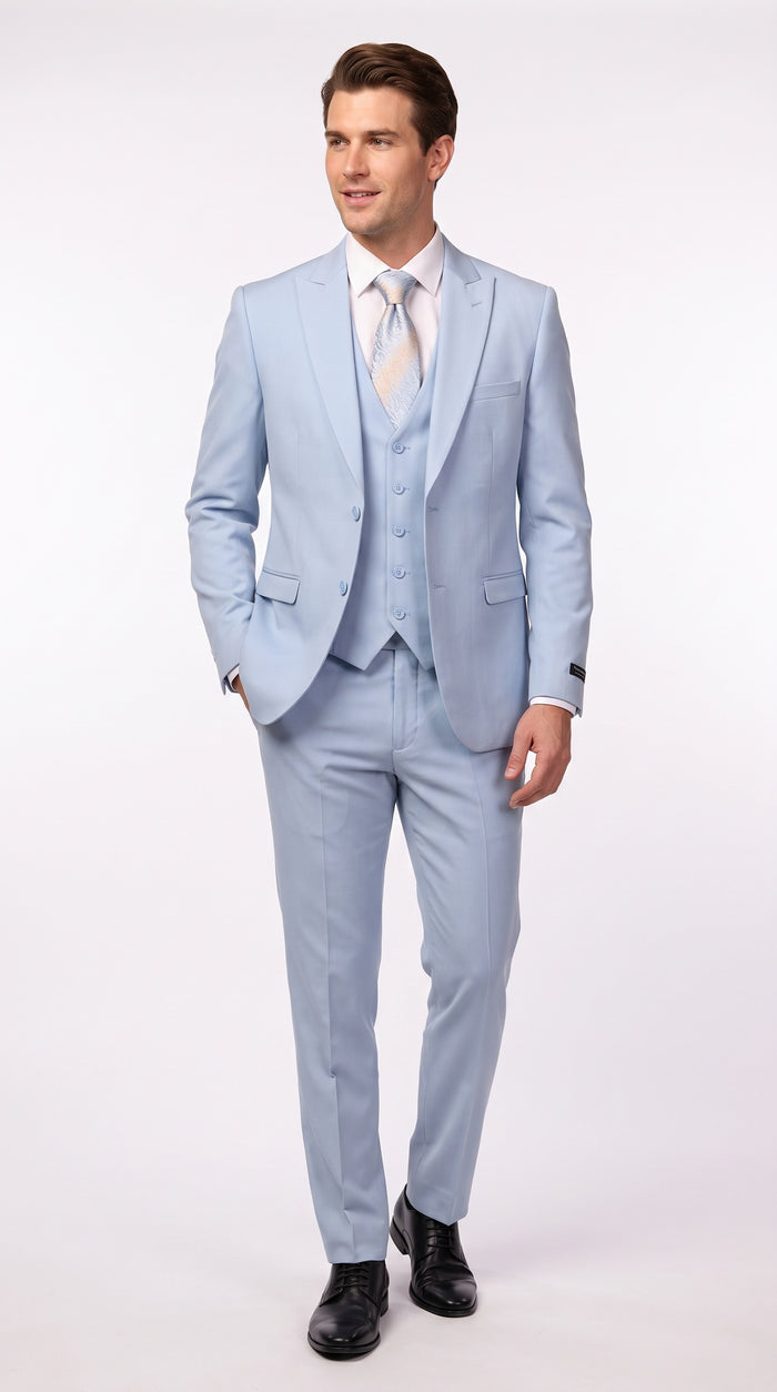 Vitali Men’s Sky Blue Solid Vested Suit, M1888 Formal Wedding Prom Dress Suit