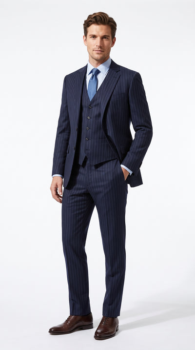 Men’s James Bond Navy Pinstripe Costume Suit, 3 Piece Movie Inspired Formal Suit