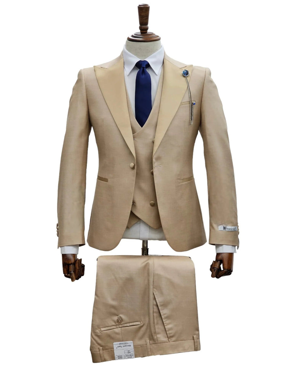 Tan 3-Piece Suit with Double Breasted Vest