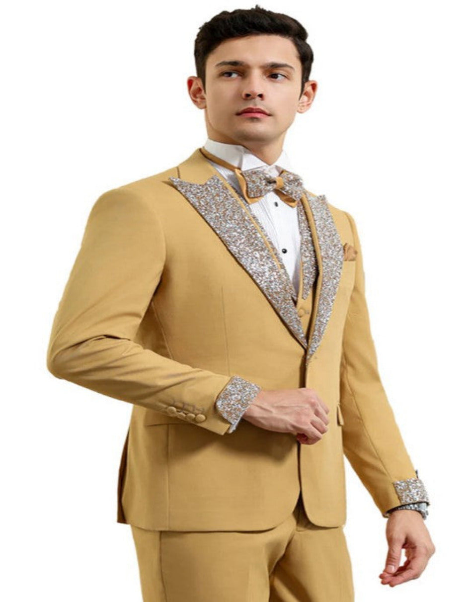 Gold Mustard Prom Tuxedo with Vested Rhinestone Lapel