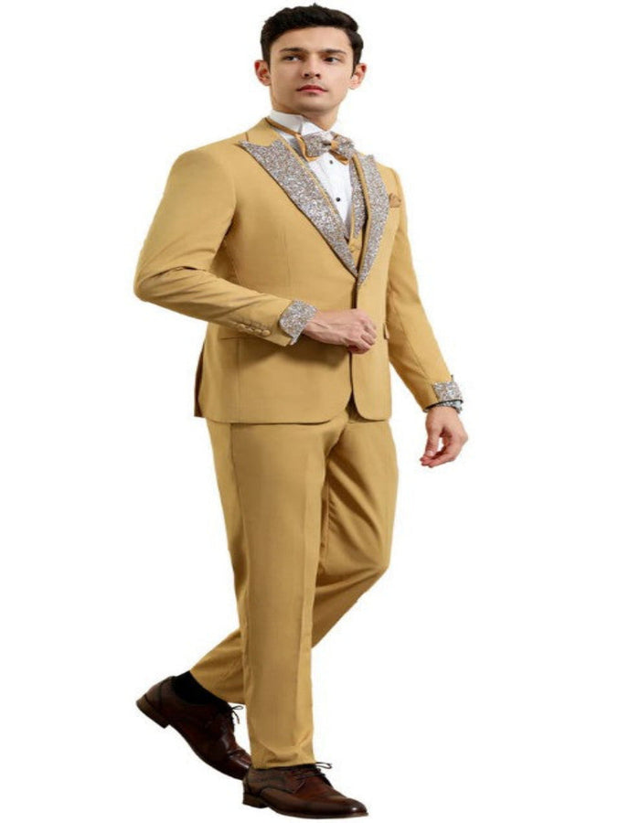 Gold Mustard Prom Tuxedo with Vested Rhinestone sequin Lapel